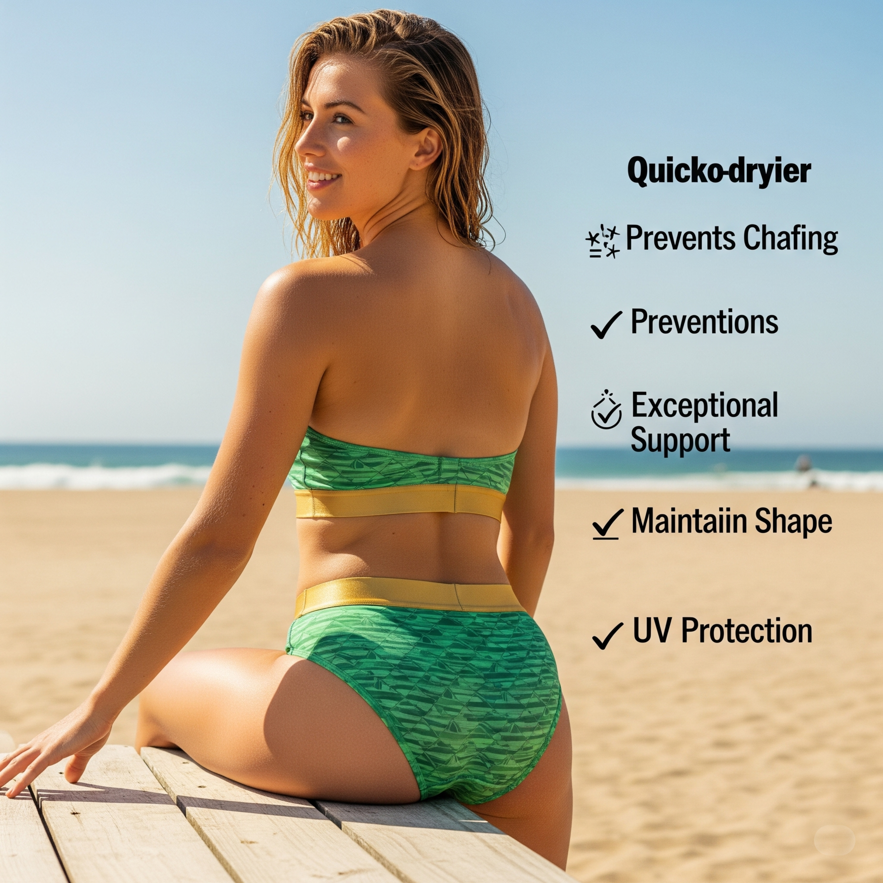 Woman in green and yellow swimsuit sitting on a wooden bench at the beach with text about swimsuit features.